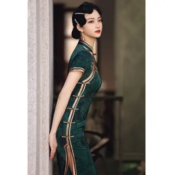 Çin Vintage Cheongsam Koyu Yeşil Geliştirilmiş Retro Cumhuriyetçi Zarif Ince uzun elbise Qipao Geleneksel Giyim Kadınlar ıçin