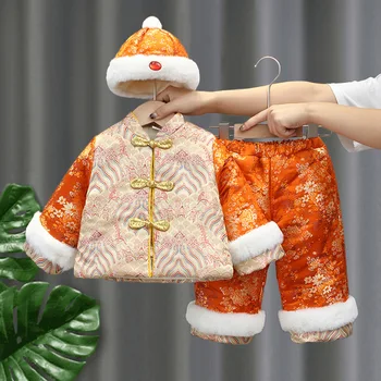 Çocuklar Geleneksel Çin Kostüm Hanfu Kalın Kış Tang Takım Elbise Erkek Kız Yeni Yıl Baskılı Üst Pantolon şapka Seti Çin Tarzı Giyim
