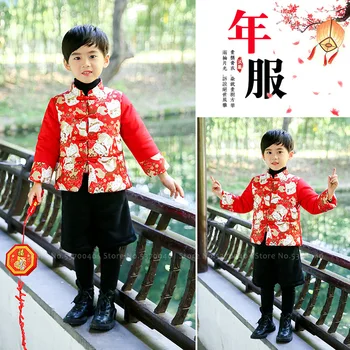 Çocuklar Şanslı Kedi Baskı Çin Tarzı Tang Takım Elbise Çocuk Bebek Erkek Kız Hanfu Kırmızı Qipao Mont Ceket Kürk Pantolon Yeni Yıl Giysileri