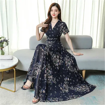 Şifon elbise 2020 Kore yaz yeni moda mizaç çiçek seksi V Yaka kısa kollu zarif büyük askı elbise